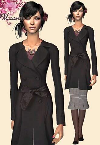 black slicker with satin tie with grey skirt