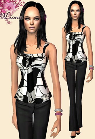 black and white geometric sleeveless top and black pants
