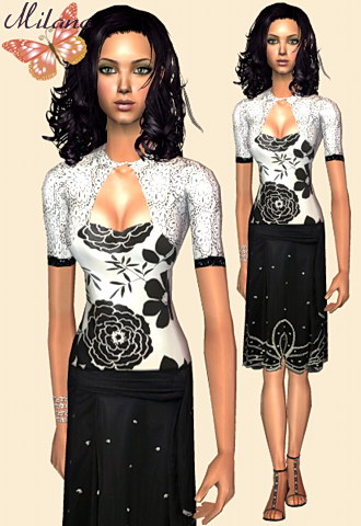 Floral print blouse with sparkling short sleeves sweater and knee length embroidered skirt featuring rhinestones detailed sandals.