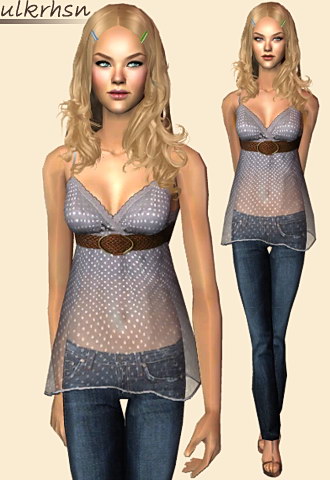 Babydoll polka dot transparent top with oval shaped buckle belt and roman style high heels.