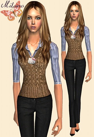 Hello Kitty sweater with one button pants and high heels.