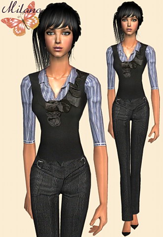 Black detailed sweater above a pleated striped tunic with belted trousers and lovely black pumps.