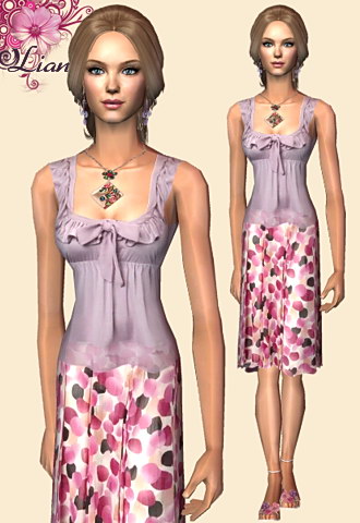 Rose bow blouse with ruffled details and abstract flowers skirt.