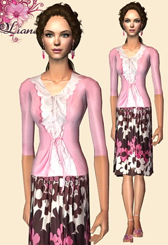 Satin ruffled camis with trim open cardigan and an english garden skirt featuring dress sandals.