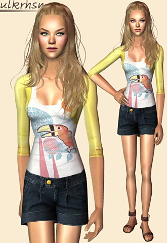 Light printed tee with a long sleeves sweater and short jeans featuring flat sandals.