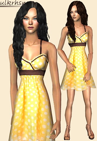 Yellow polka dot dress with a ruched bust and pump style high heels.