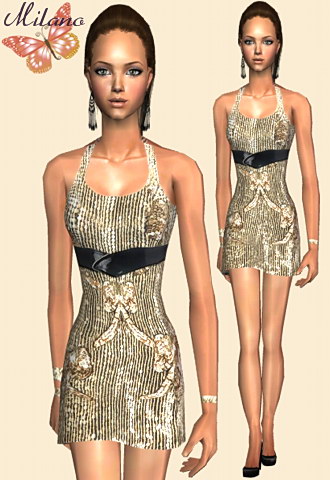 Disco sequin dress with waist belt and pointed toe shoes.