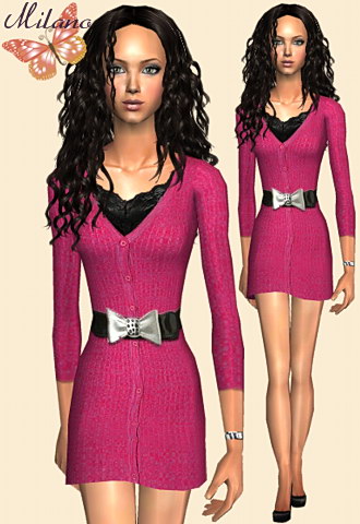 Electric long-sleeves dress with a leather belt and diva style pumps.