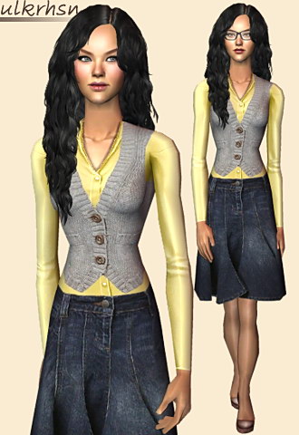 Long V-neck top with a sleeveless vest and knee-length denim skirt.