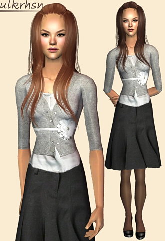 Romantic look with a flower belted sweater and knee length classy skirt with nice tights and black patent high heels.