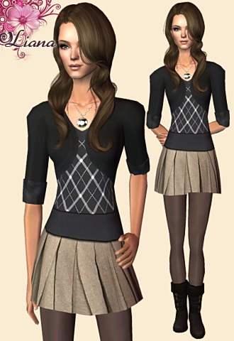 Black bolero with a pleated mini skirt and black suede boots.