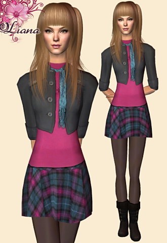 Pink top with a short length scarf with fringed ends and a nice 4 buttons jacket featuring a colored plaid skirt and fashion tights.