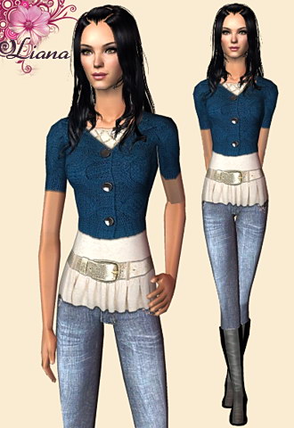 Short blue jacket paired with a white top and a silver waist belt featuring suede knee-boots.