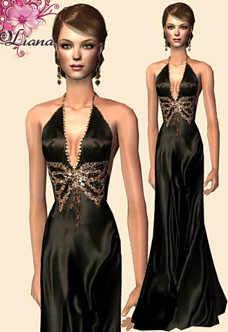 Golden butterfly halter satin dress with amazing back cleavage.