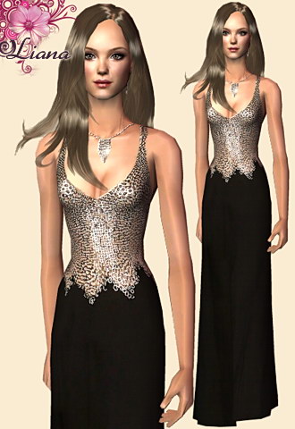  Long, fluid black dress with golden embedded beads.