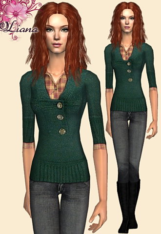 Plaid camis behind a 3 buttoned green sweater and suede boots.
