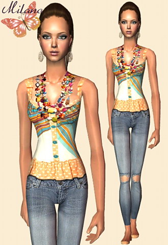 Polka dot top with colorful beaded necklace and a pair of cut-knee jeans featuring black flat shoes.