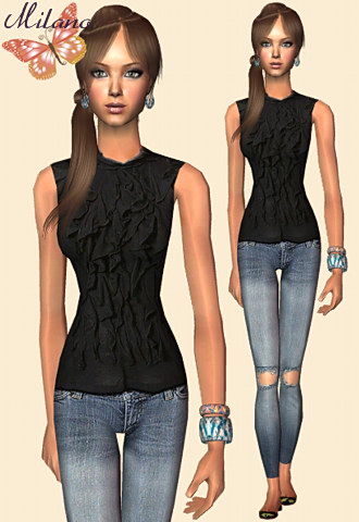 Skinny cut jeans with a ruffled black tunic and pretty ballet flats.