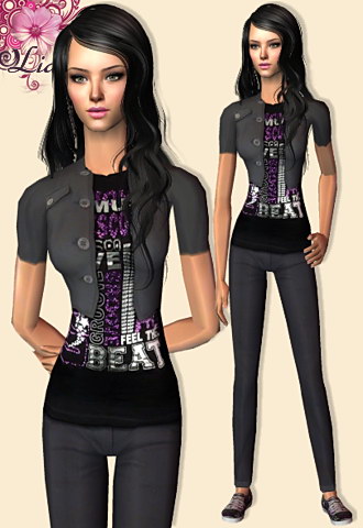 Electric tee behind a short black jacket with four button closure ans skinny pants.