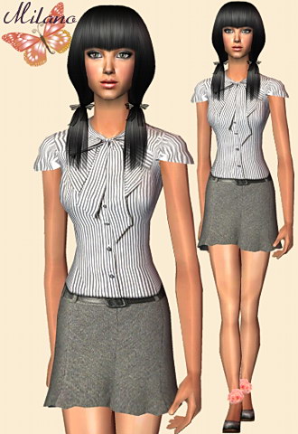 Stripes short sleeve tunic paired with a pleated skirt, black leather belt and wedge shoes.