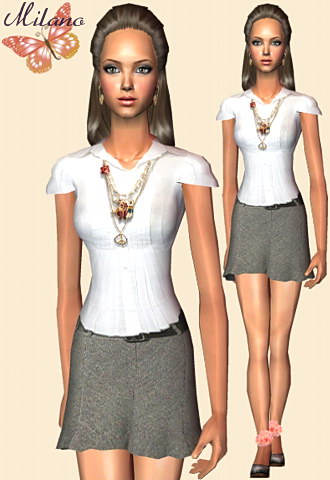 Fashionable white camis with a pretty neckline and an office skirt featuring floral apllique shoes.