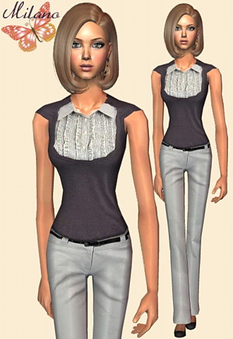 A sensible business outfit with a heathered look and black classic shoes.