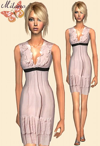 Ruffled dress in soft pink with silver sandals.