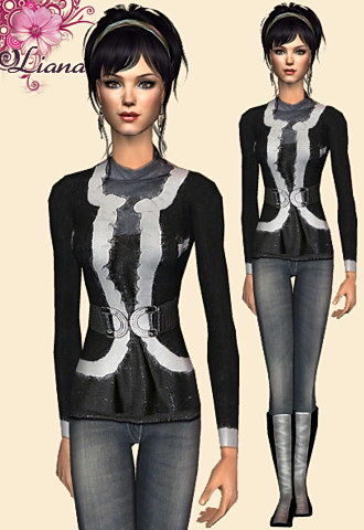 Winter black jacket with white fur, jeans and platform boots.