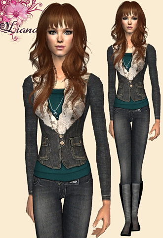 Denim jacket with fur collar, teal linen sweater, jeans and platform boots.