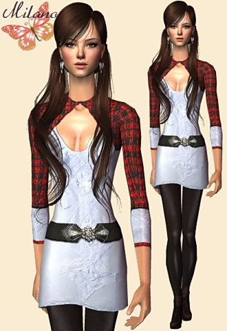 Pleated sweater with white short dress, leather belt, leggings and ankle boots.