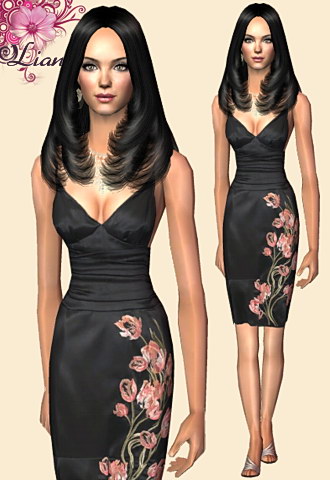 Embroidered black satin dress