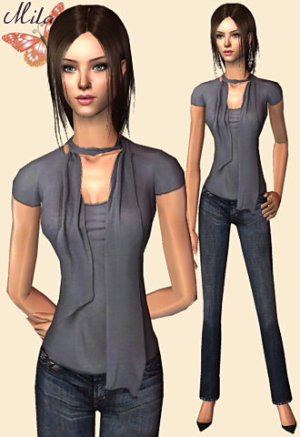 Grey casual yet chic cotton blouse with jeans and pointed toe shoes.