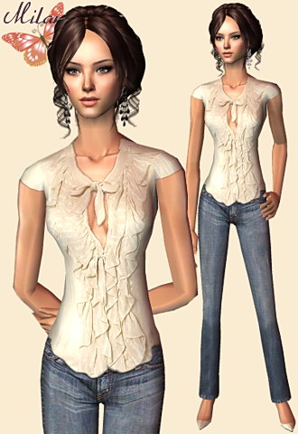 White ruffle shirt with blue jeans and high stiletto shoes.