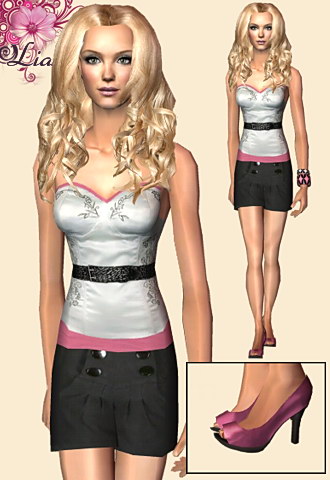 Belted satin embroidered silver corset with 4 bottons black shorts and peep toe lilac shoes.