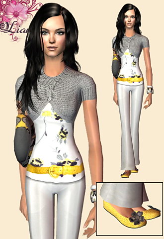 3 butttons bolero style sweater with white embroidered top featuring white pants and casualt flat shoes with flower brooch.