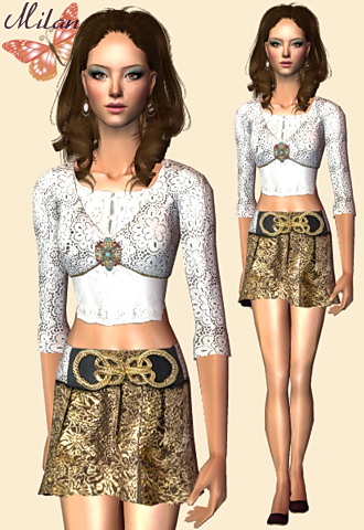 White bolero with big victorian brooch, golden skirt with matching belt featuring high heels