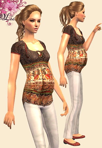 maternity outfit - ethnic style brown blouse and white pants