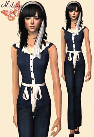 navy blouse with white details and denim pants