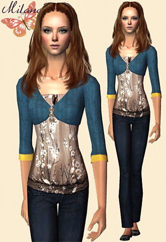 teal bolero with print satin top and denim pants