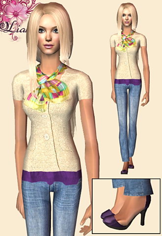 Buttoned ivory sweater featuring colorful scarf, ligh blue jeans and pumps.