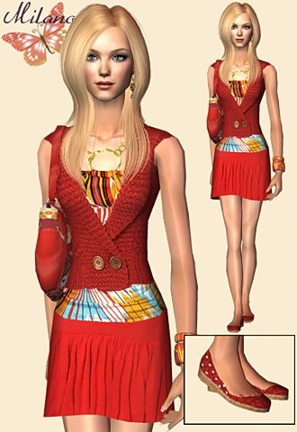 Red buttoned short sweater with geometric print top and mini red skirt featuring polka dots ballet flats. 