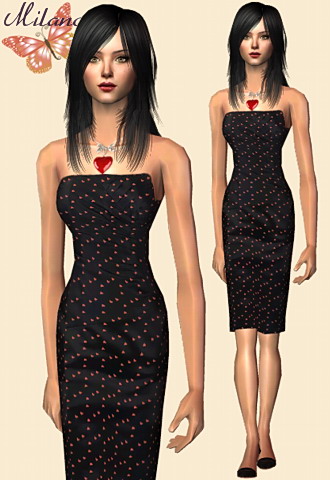 Black pencil dress with printed hearts, featuring a heart necklace.