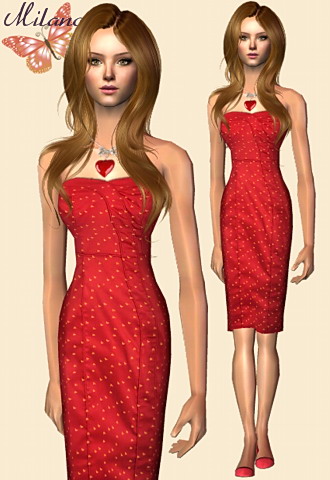 Red pencil dress with printed hearts, featuring a heart necklace.