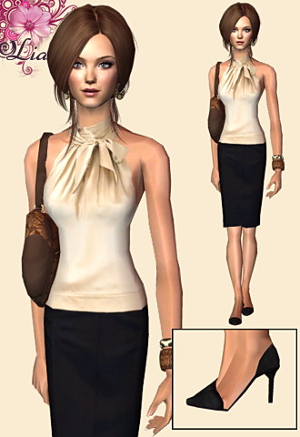 Satin beige blouse with pencil black skirt.