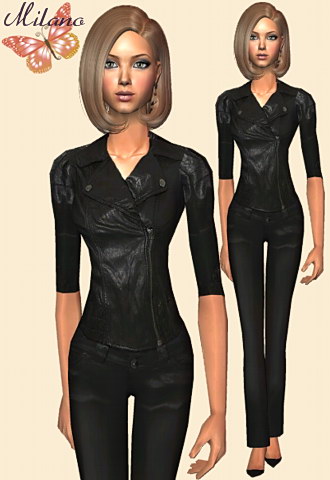 Black leather jacket with skinny black pants.