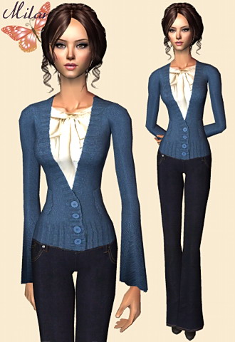 Blue butonned sweater featuring white chemise and jeans.