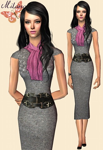 Linen grey dress featuring large leather belt and pink scarf.