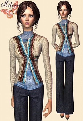 Beige sweater featuring blue lacy blouse and large denim pants.