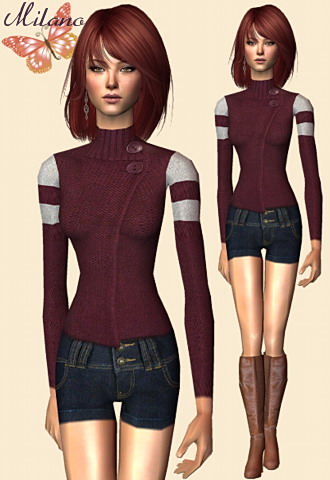 Buttoned magenta sweater featuring denim shorts and brown boots.
