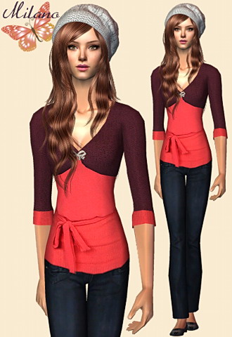 Peach bluse with fashion bolero and casual jeans and flats.